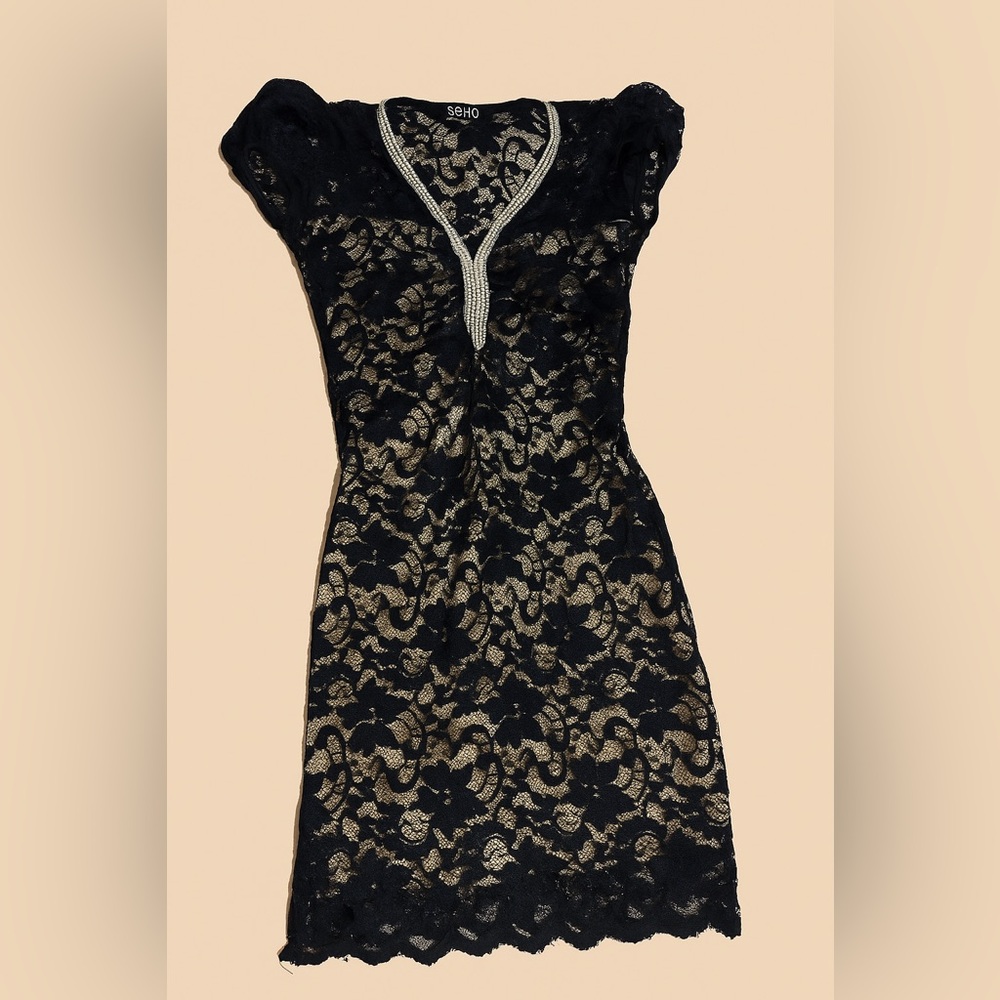 Soho Black and Beige Lace Mini Dress